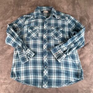 Wrangler Wrancher Mens XL Blue Plaid Flannel Western Pearl Snap L/S Shirt Cowboy